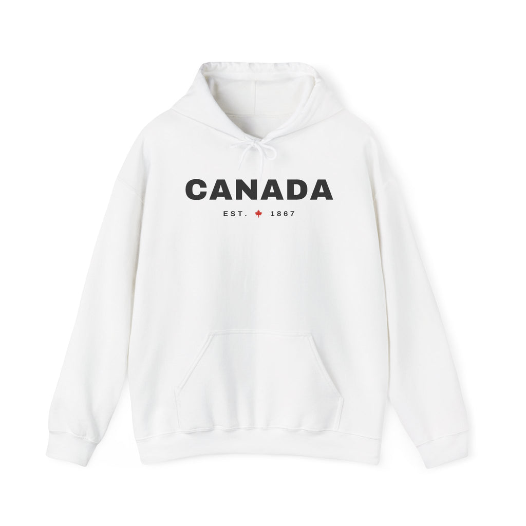 White hoodie with "CANADA EST. 1867" and a maple leaf graphic.