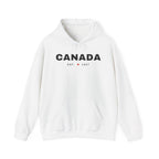 White hoodie with "CANADA EST. 1867" and a maple leaf graphic.