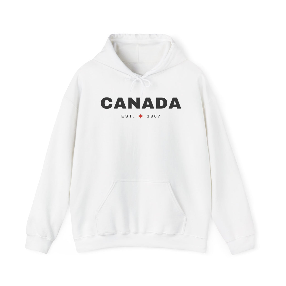 White hoodie with "CANADA EST. 1867" and a maple leaf graphic.