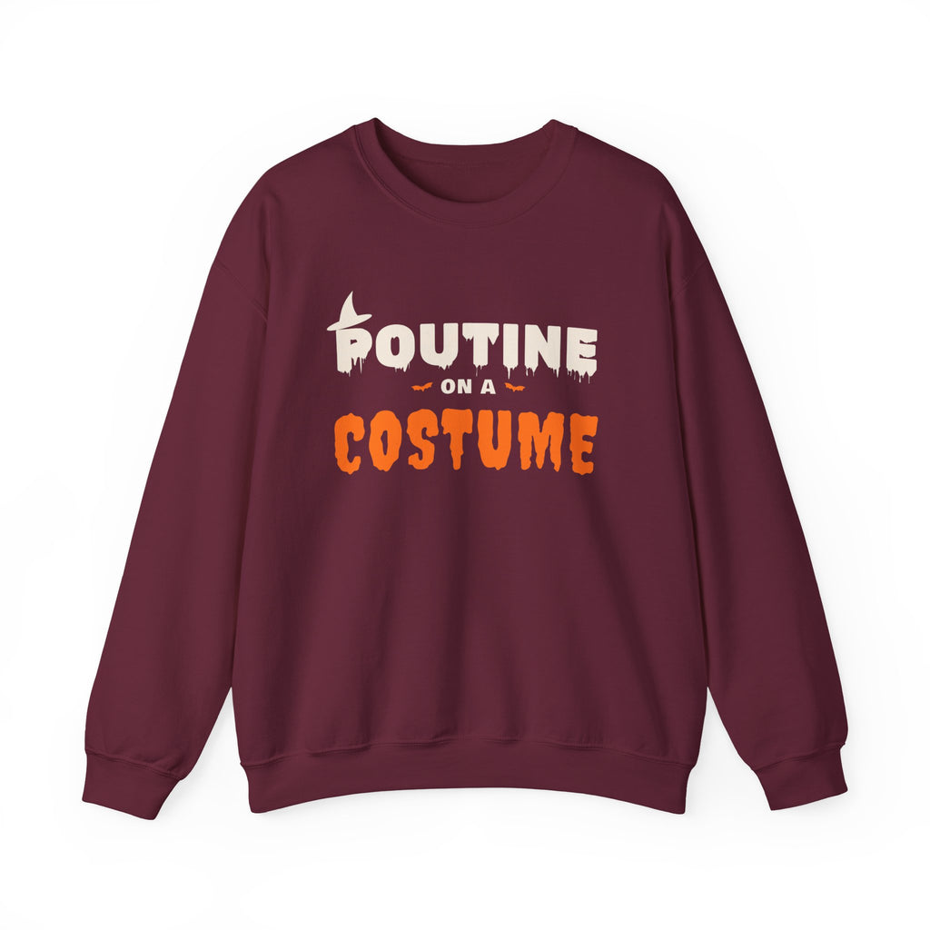 Maroon sweatshirt with "Poutine on a Costume" Halloween graphic text.