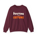 Maroon sweatshirt with "Poutine on a Costume" Halloween graphic text.