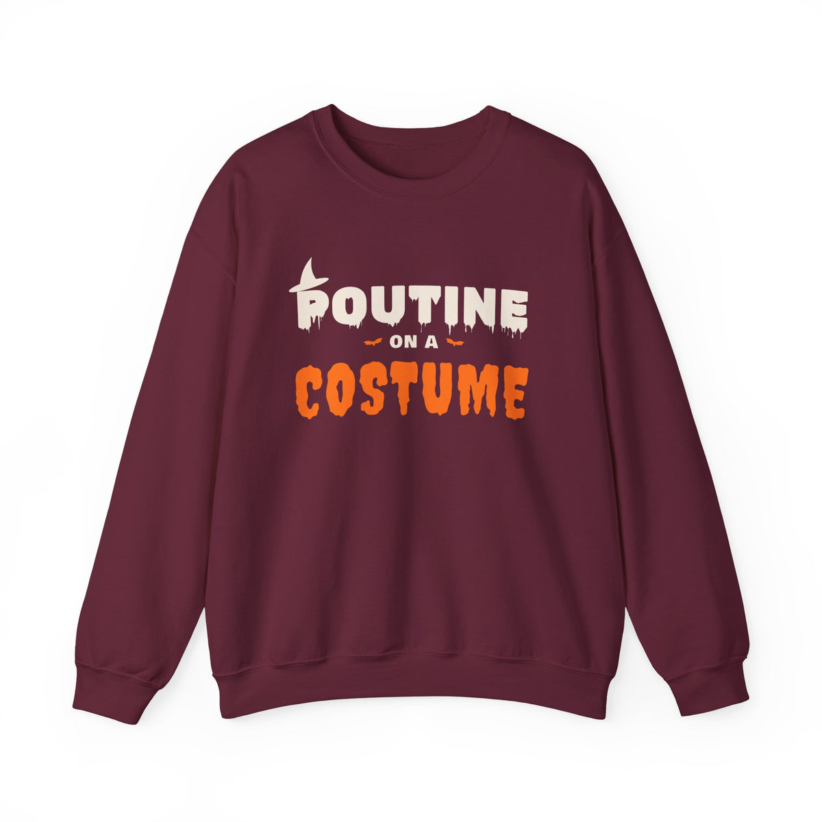 Maroon sweatshirt with "Poutine on a Costume" Halloween graphic text.