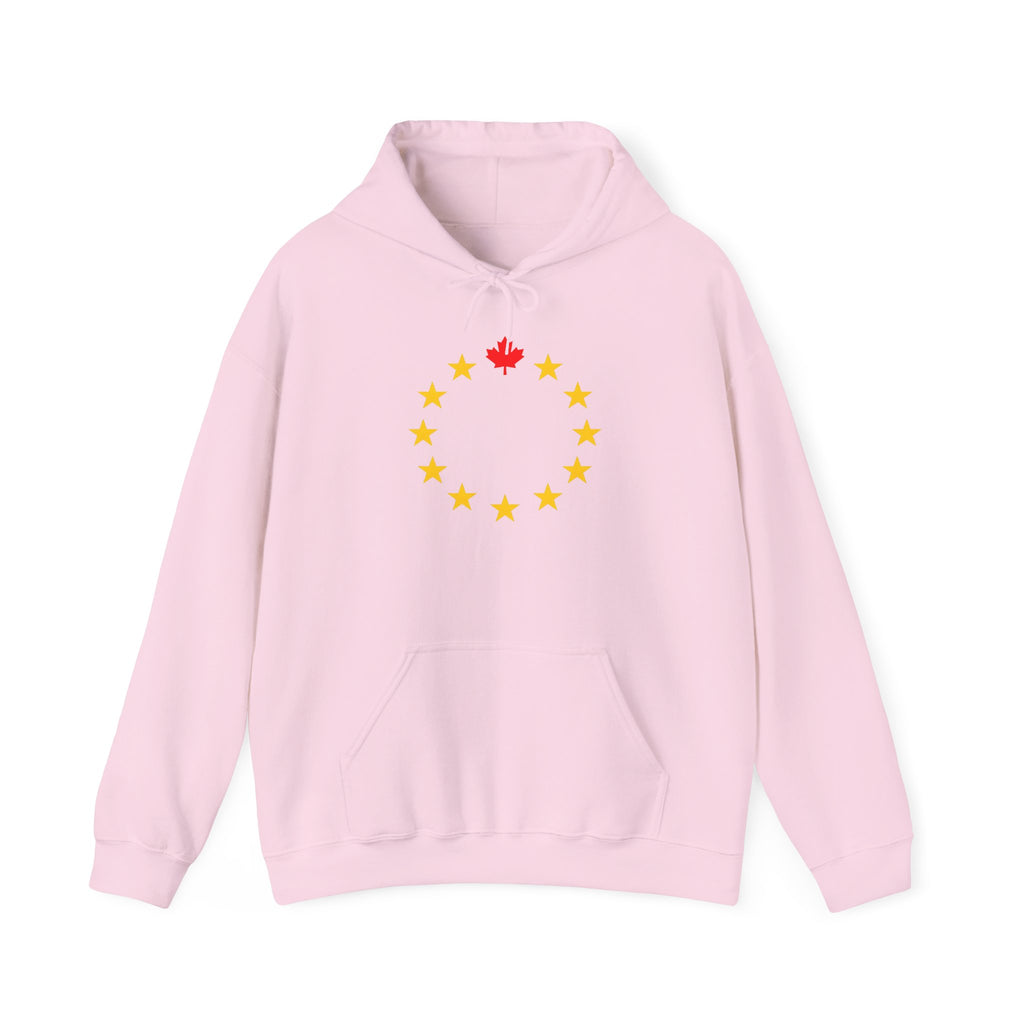 Pink hoodie with a ring of yellow stars and a red maple leaf on the chest.