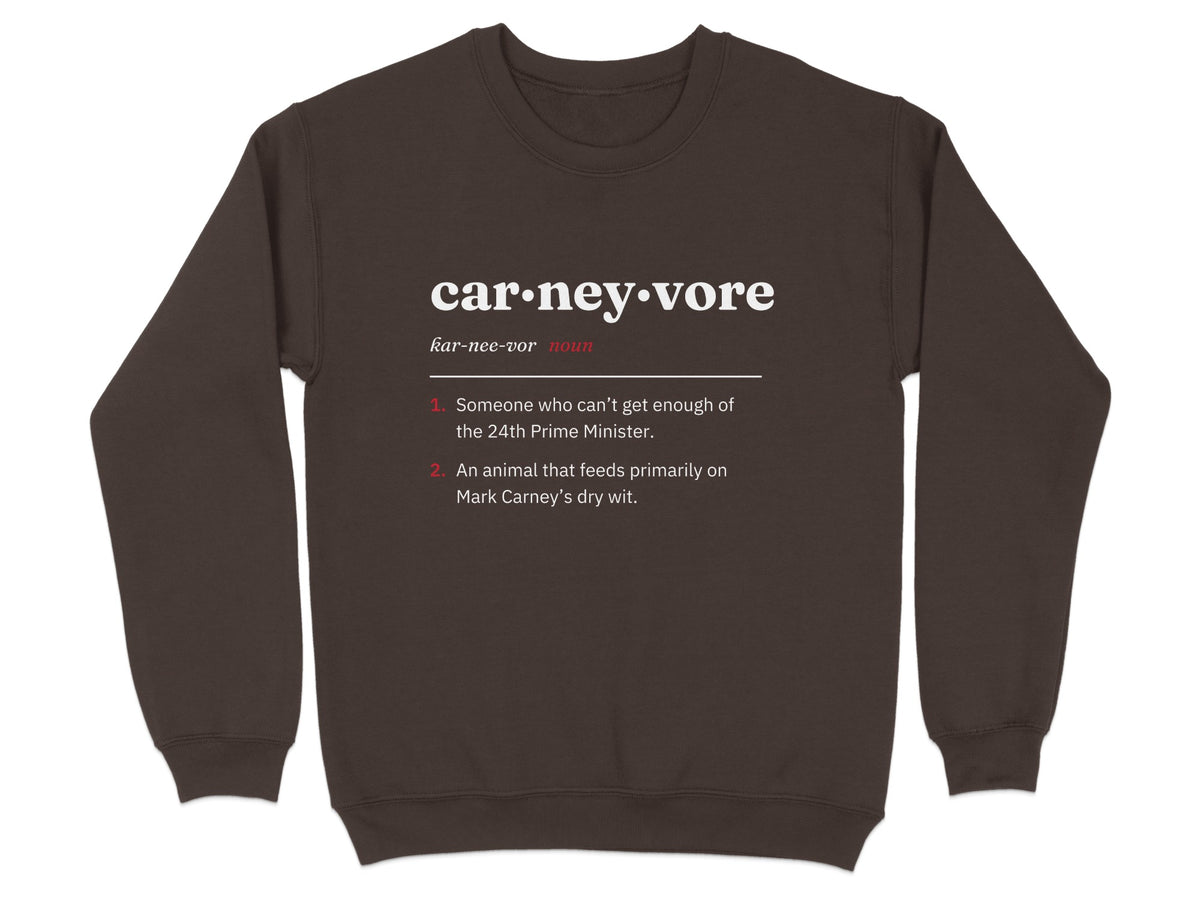 Brown sweatshirt with definition of "carneyvore" and its two meanings.