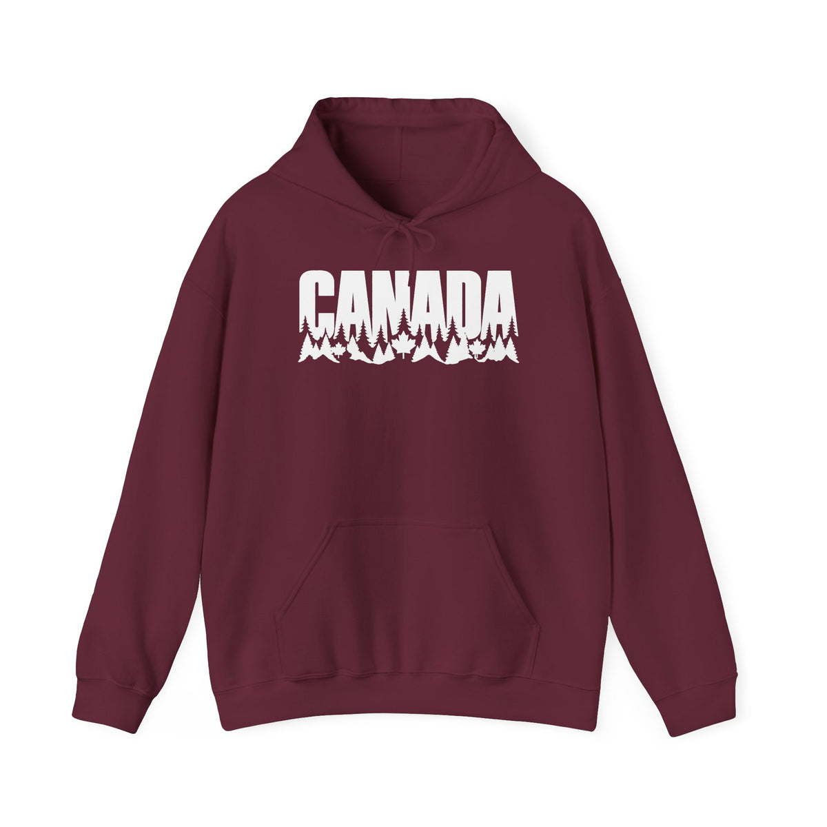 Maroon hoodie with white "CANADA" text over a forest and mountain design.
