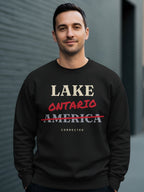 Black sweatshirt with "LAKE ONTARIO AMERICA CORRECTED" text.