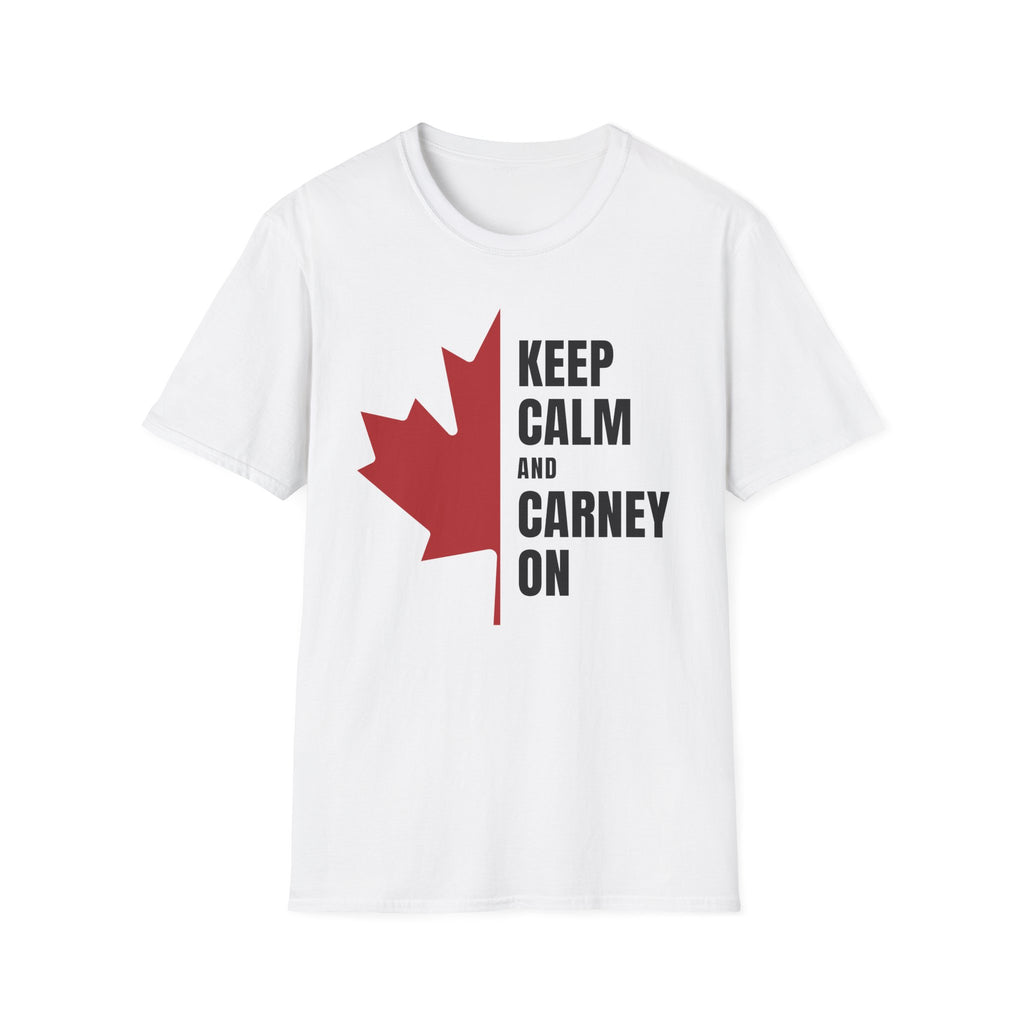 White t-shirt with red maple leaf and "Keep Calm and Carney On" text.