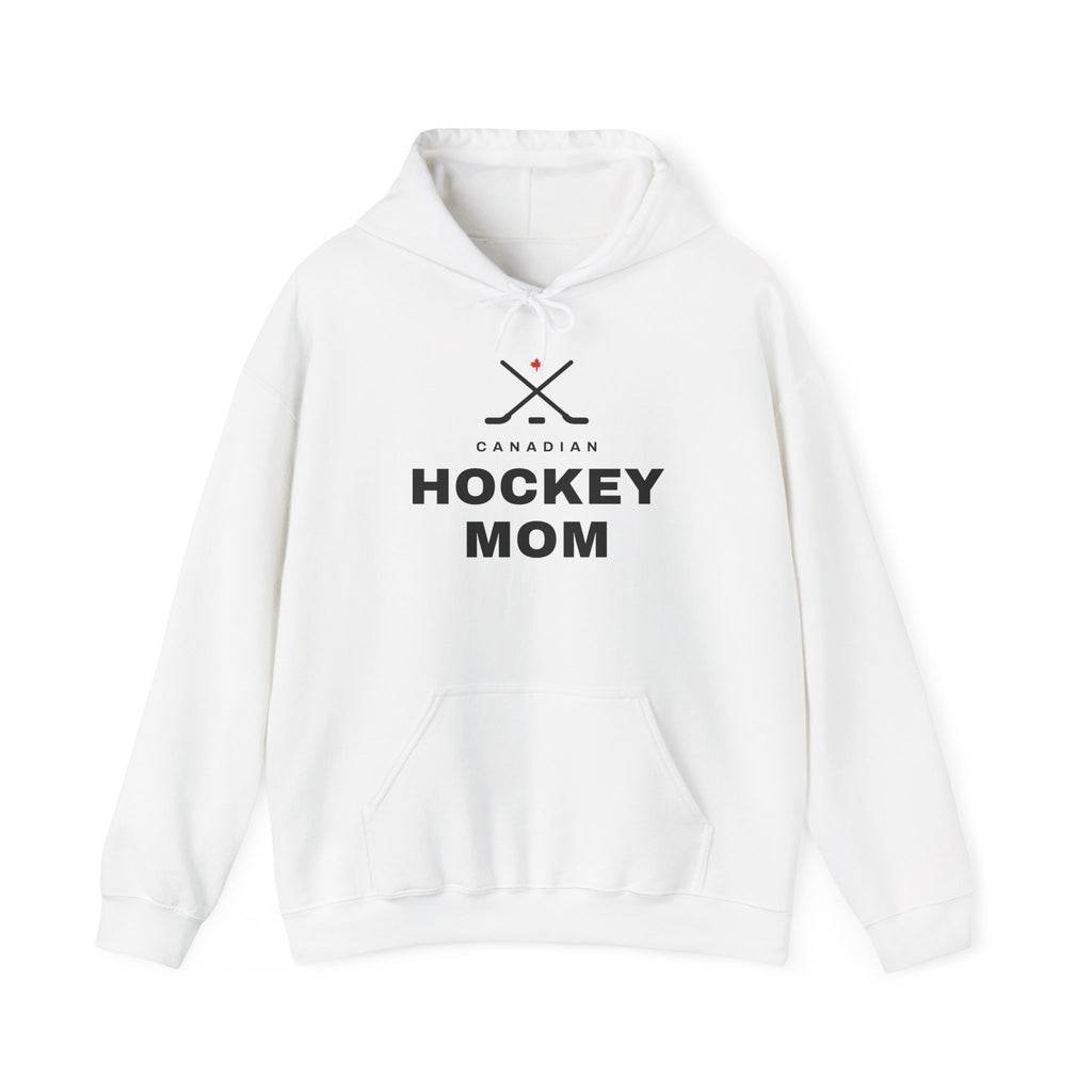 White hoodie with "Canadian Hockey Mom" text and crossed hockey sticks graphic.
