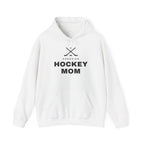 White hoodie with "Canadian Hockey Mom" text and crossed hockey sticks graphic.