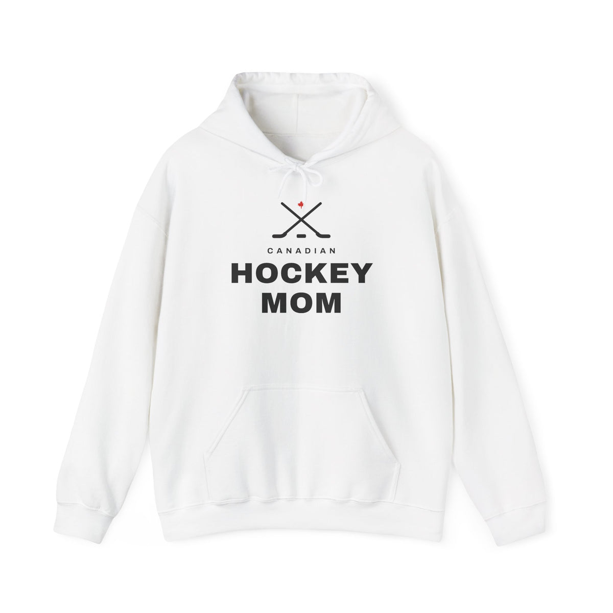 White hoodie with "Canadian Hockey Mom" text and crossed hockey sticks graphic.