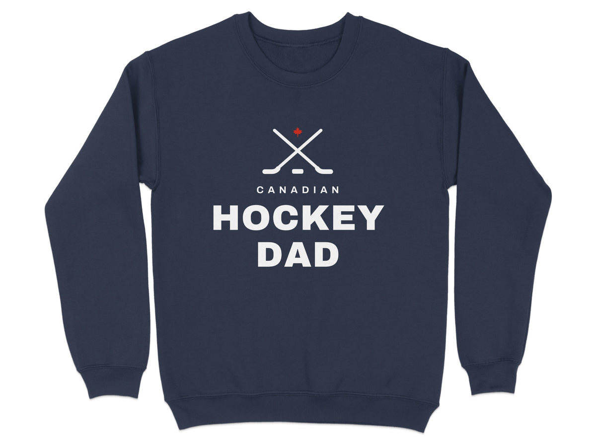Navy sweatshirt with white "Canadian Hockey Dad" text and crossed hockey sticks.