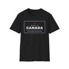 Black t-shirt with a white rectangle on the chest that reads "MADE IN CANADA 100% BORN AND RAISED."