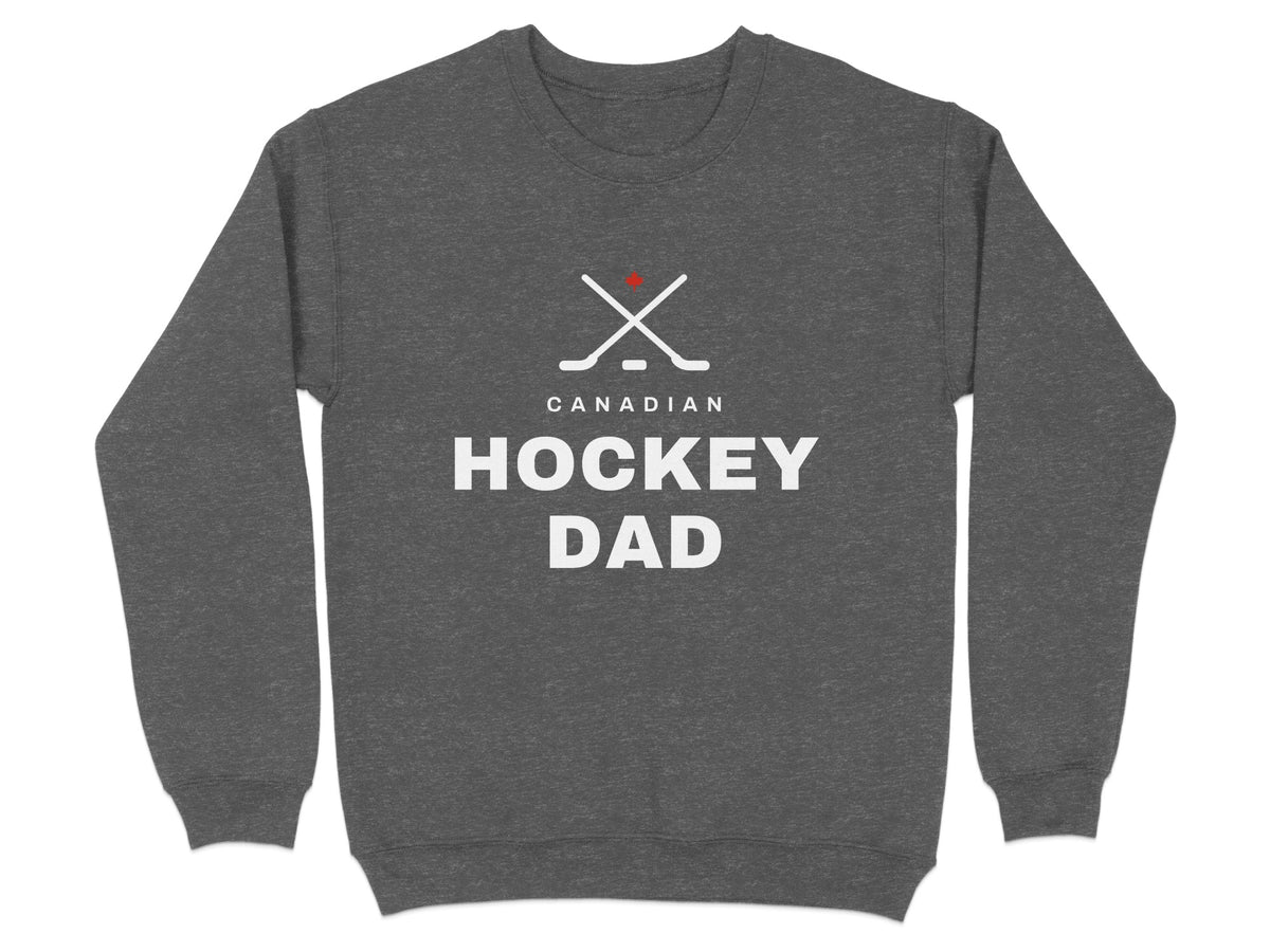 Dark grey sweatshirt with "Canadian Hockey Dad" and crossed hockey sticks graphic.