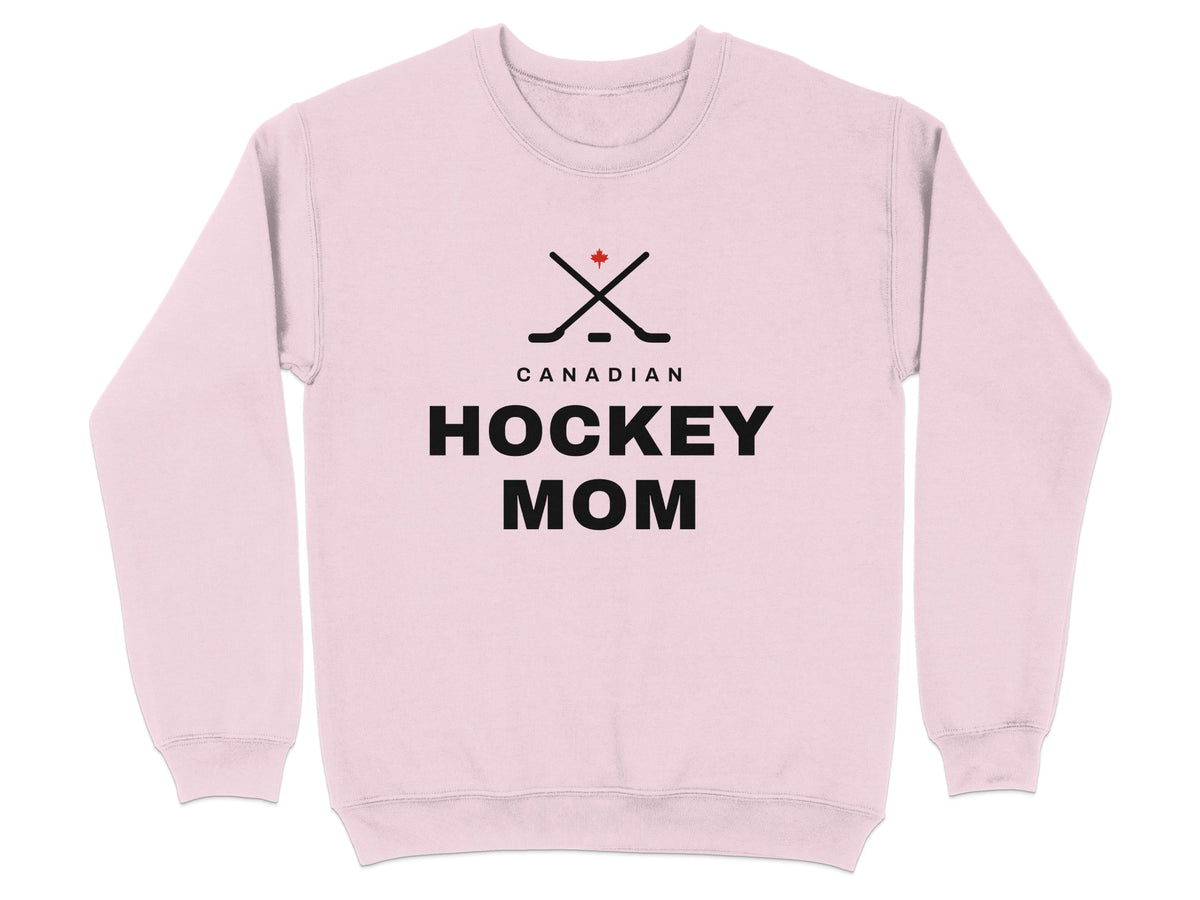 Pink sweatshirt with black text and hockey stick graphic.