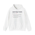 White hoodie with black text defining "carneyvore" as a noun.