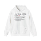 White hoodie with black text defining "carneyvore" as a noun.