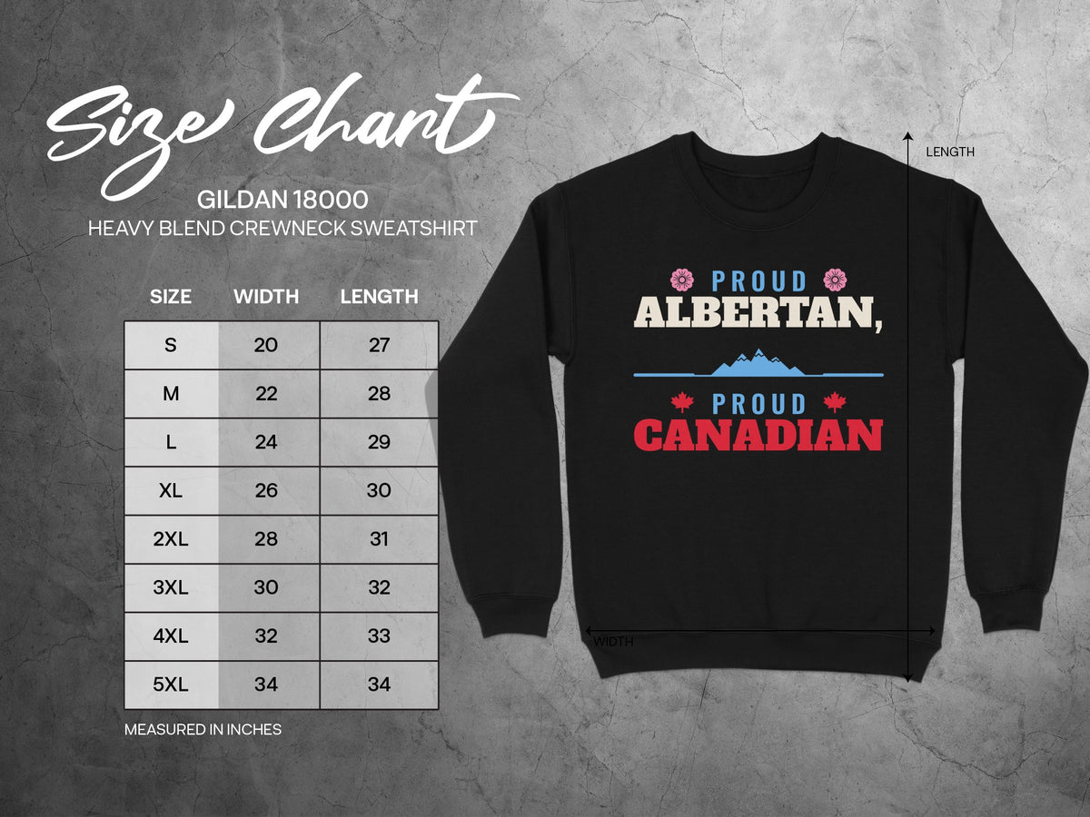 Gildan 18000 sweatshirt size chart with measurements in inches for width and length.