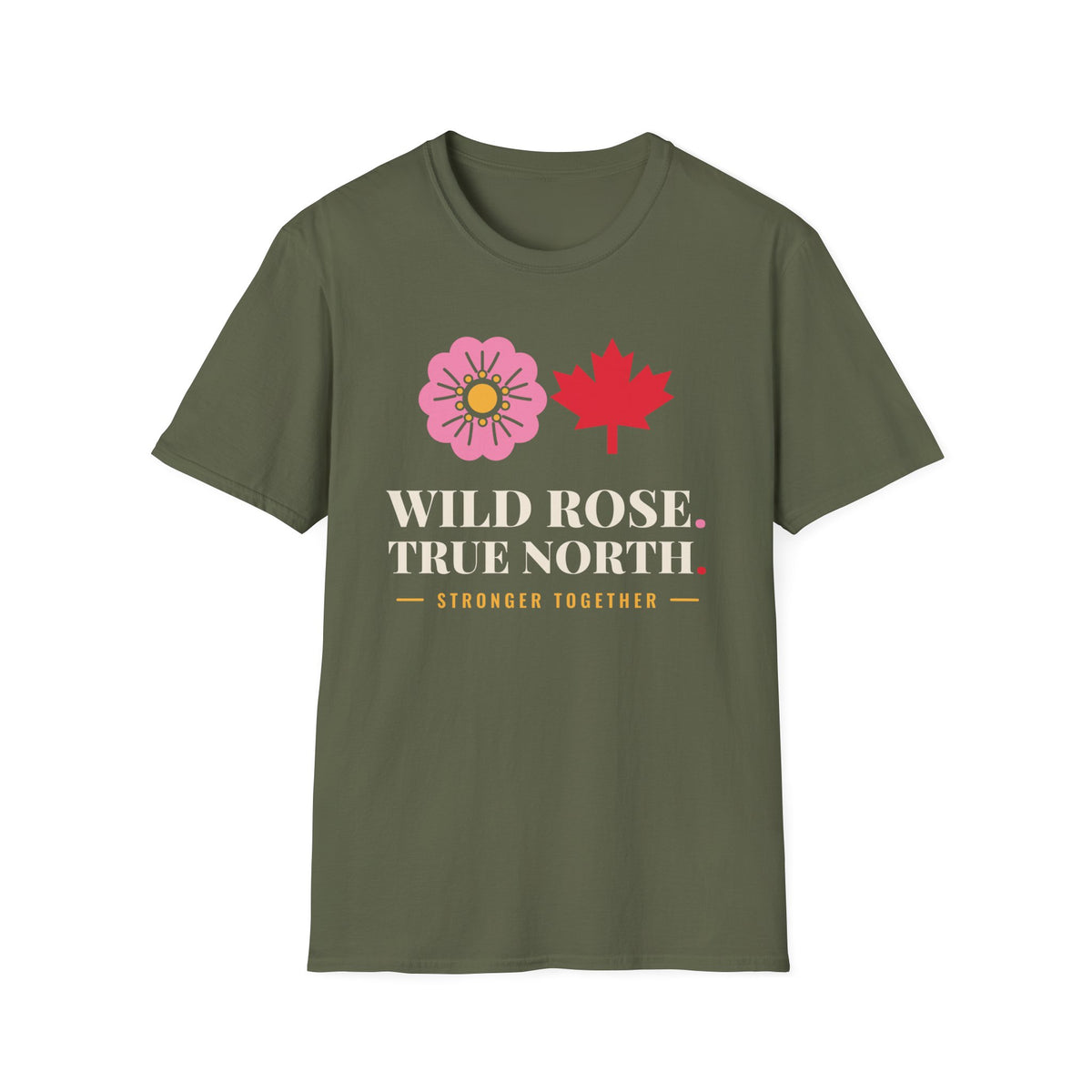 Olive green t-shirt with pink rose, red maple leaf, and text.