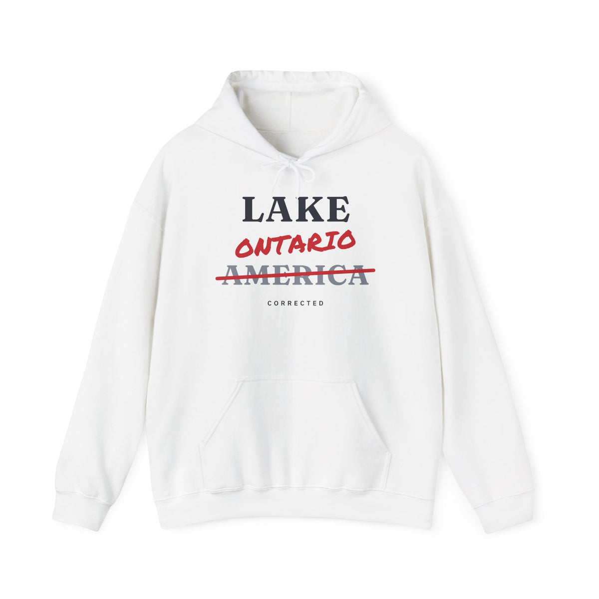 White hoodie with text "LAKE ONTARIO" and "AMERICA" struck through, "CORRECTED" below.