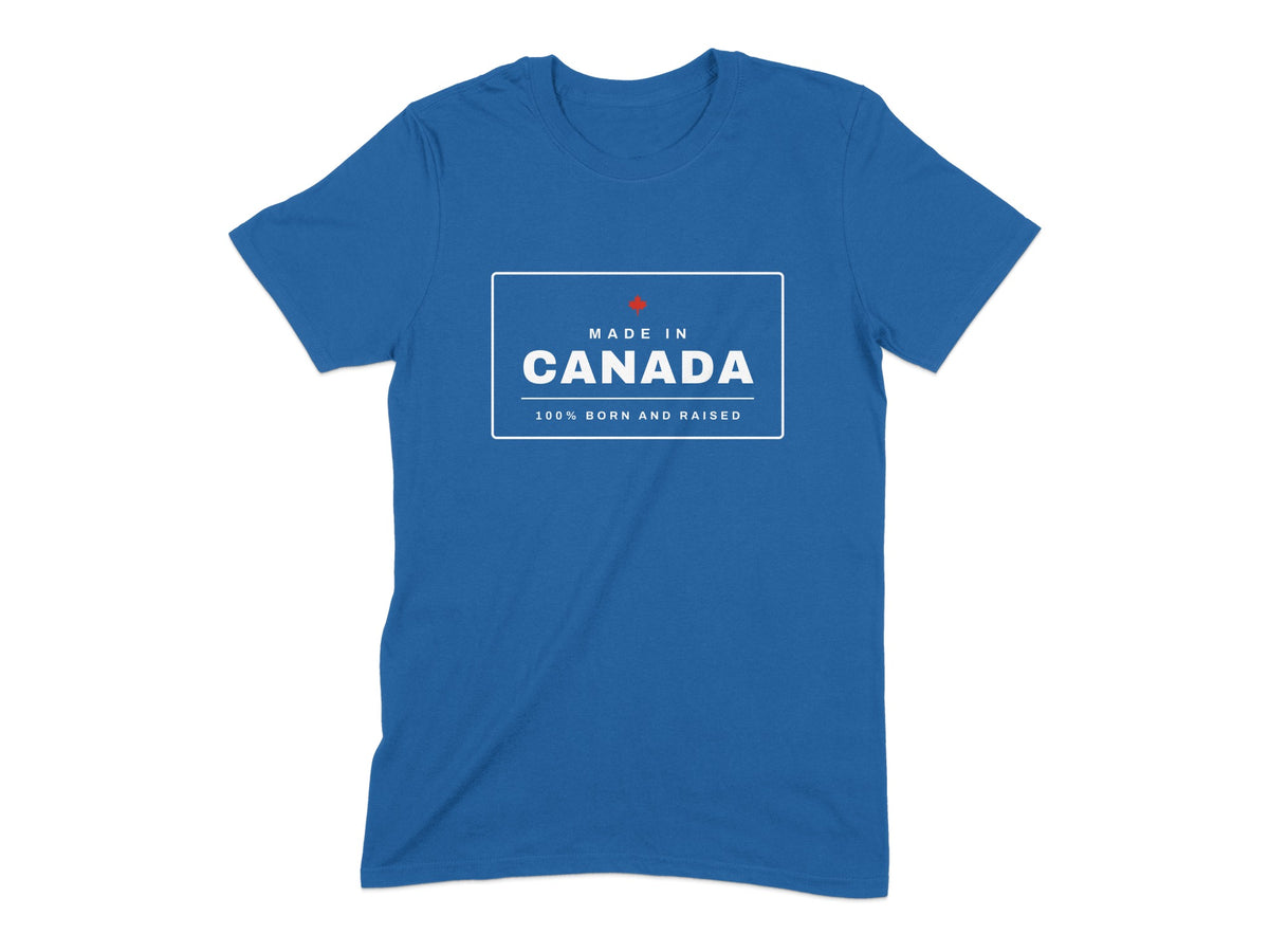 Blue t-shirt with "Made in Canada 100% Born and Raised" text and maple leaf graphic.