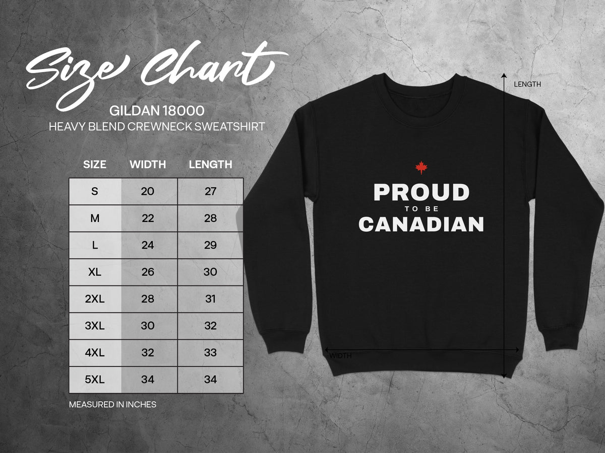 Gildan 18000 sweatshirt size chart showing measurements for sizes S through 5XL.