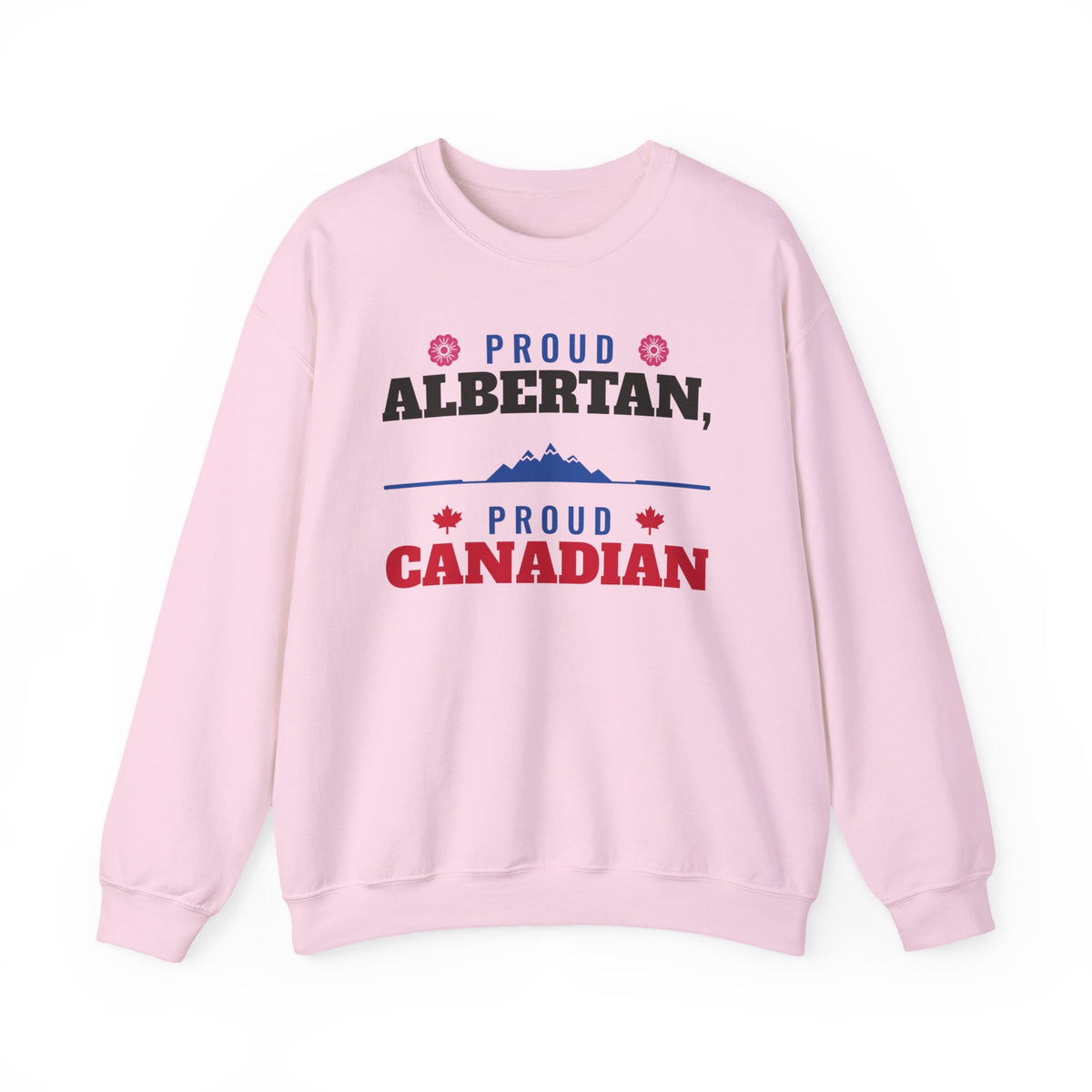 Pink sweatshirt with "Proud Albertan, Proud Canadian" text and mountain graphic.