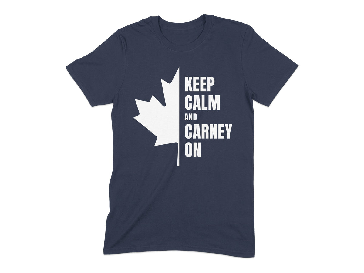 Navy t-shirt with white text "Keep Calm And Carney On" and a Canadian maple leaf.