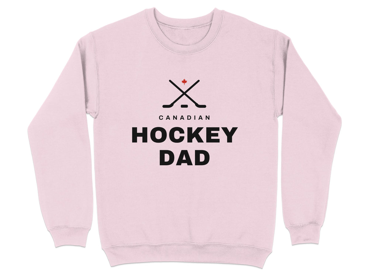 Pink sweatshirt with crossed hockey sticks and "Canadian Hockey Dad" text.