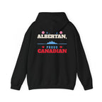 Black hoodie with "Proud Albertan, Proud Canadian" text and mountain graphic.
