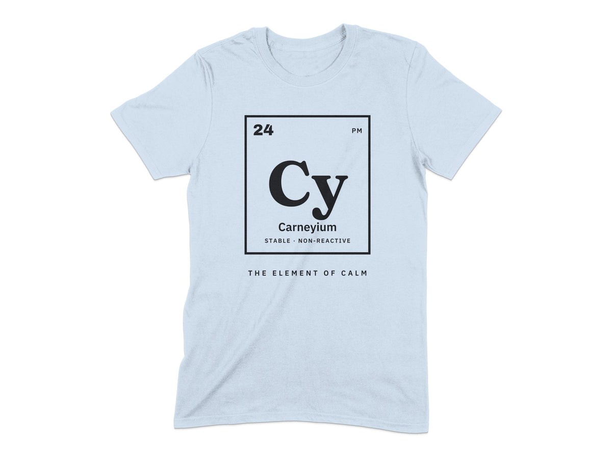 Light blue t-shirt with periodic table element design for "Carneyium."