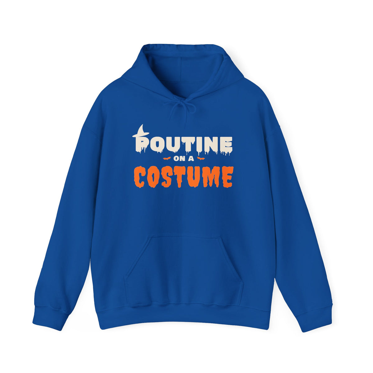 Blue hoodie with "Poutine on a Costume" text and Halloween graphics.
