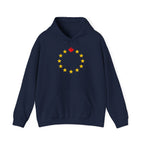 Navy blue hoodie with a circular design of yellow stars and a red maple leaf.