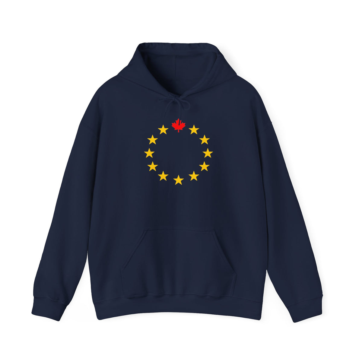 Navy blue hoodie with a circular design of yellow stars and a red maple leaf.