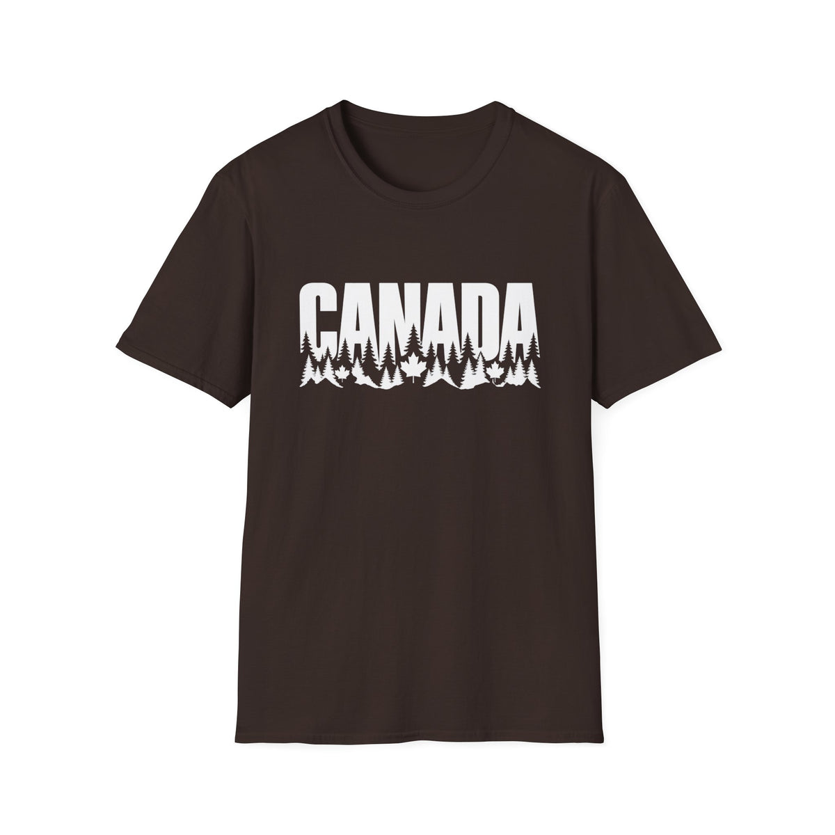 Brown t-shirt with "CANADA" text featuring a forest and maple leaf silhouette design.