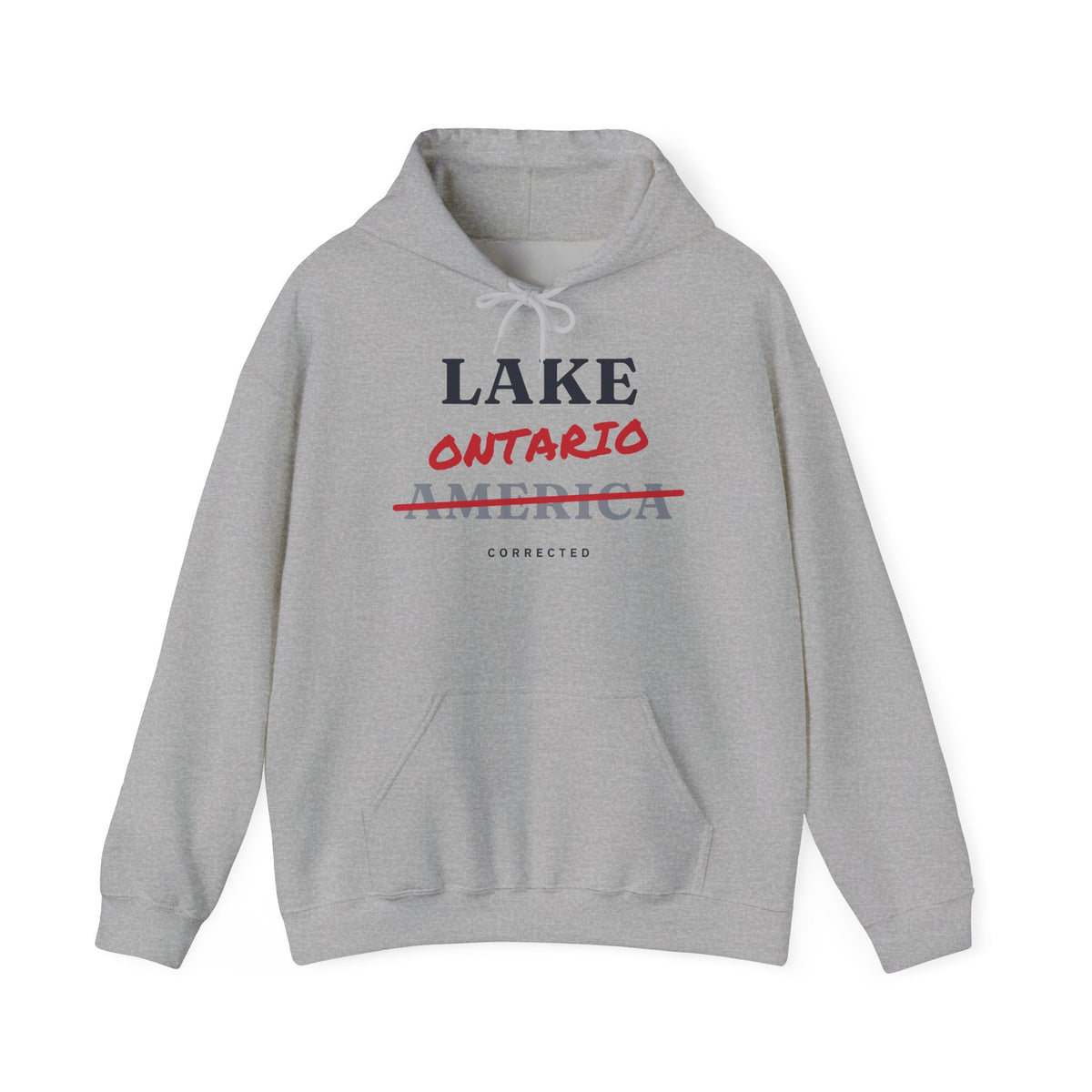 Light grey hoodie with "LAKE ONTARIO AMERICA CORRECTED" text on the front.