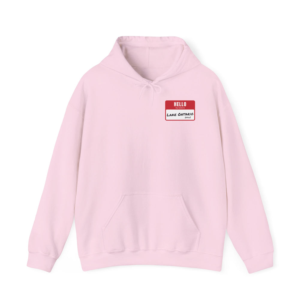 Pink hoodie with a red name tag that says "HELLO LAKE ONTARIO (STILL)".