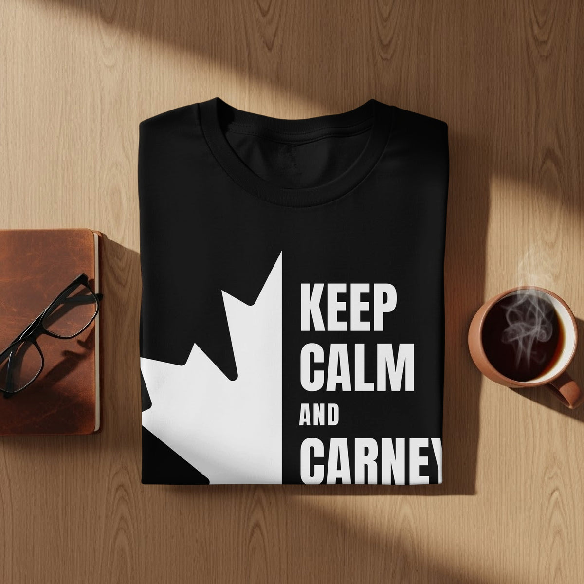 Black t-shirt with white maple leaf and text "KEEP CALM AND CARNEY".