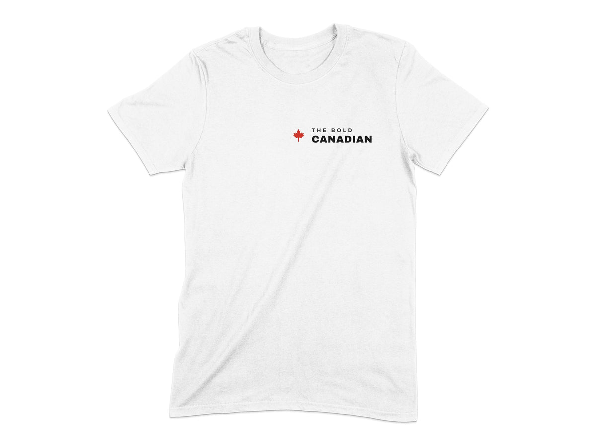 White t-shirt with a small Canadian maple leaf and text "THE BOLD CANADIAN".