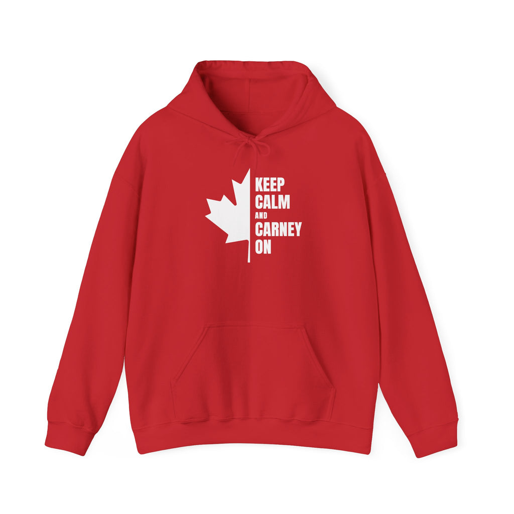 Red hoodie with a white Canadian maple leaf and "Keep Calm and Carney On" text.