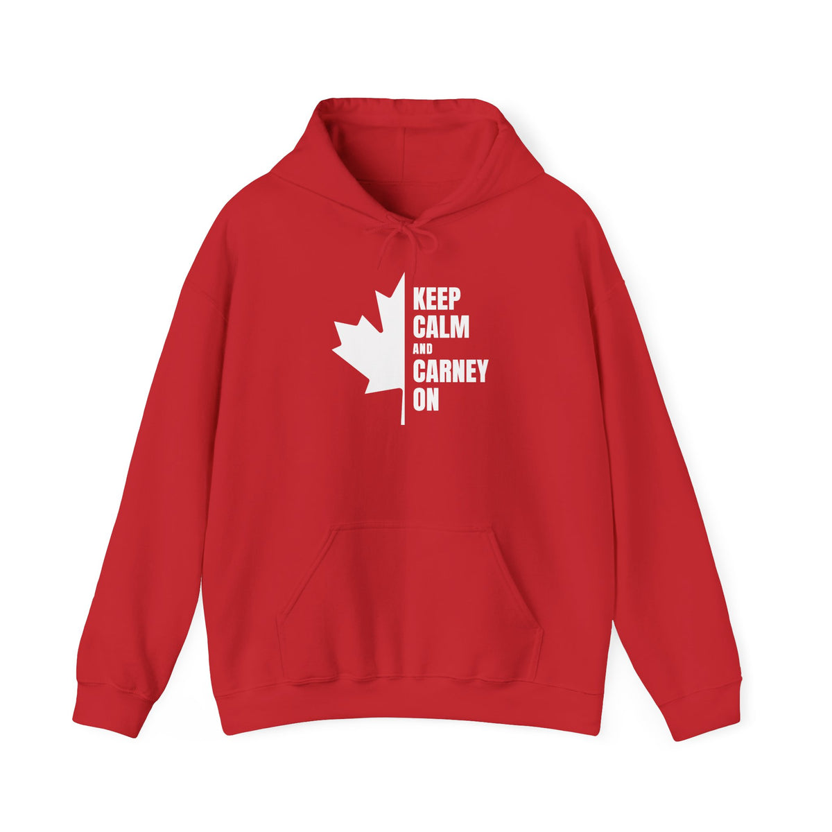 Red hoodie with a white Canadian maple leaf and "Keep Calm and Carney On" text.