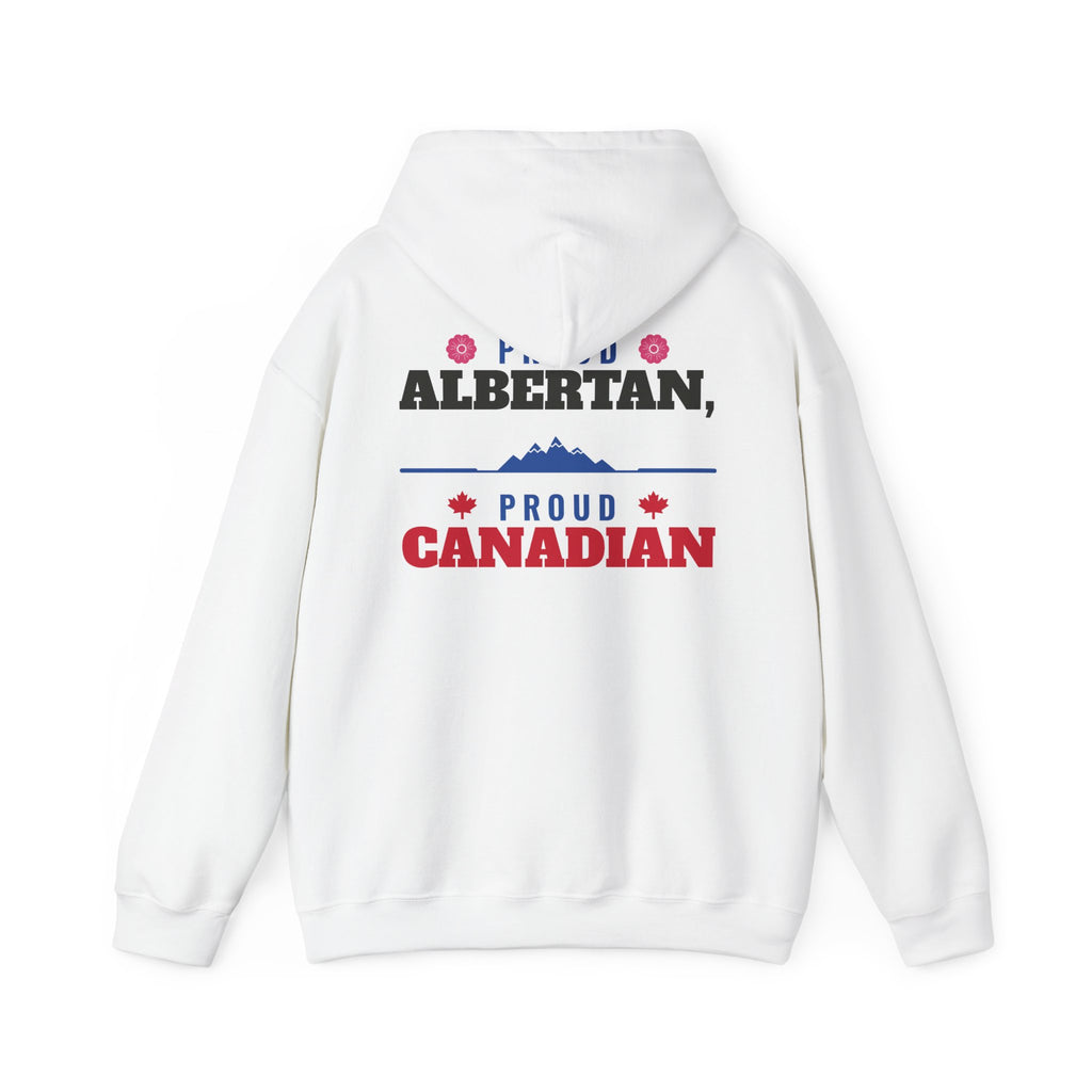 White hoodie with text "PROUD ALBERTAÑ, PROUD CANADIAN" and mountain graphic.