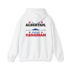 White hoodie with text "PROUD ALBERTAÑ, PROUD CANADIAN" and mountain graphic.