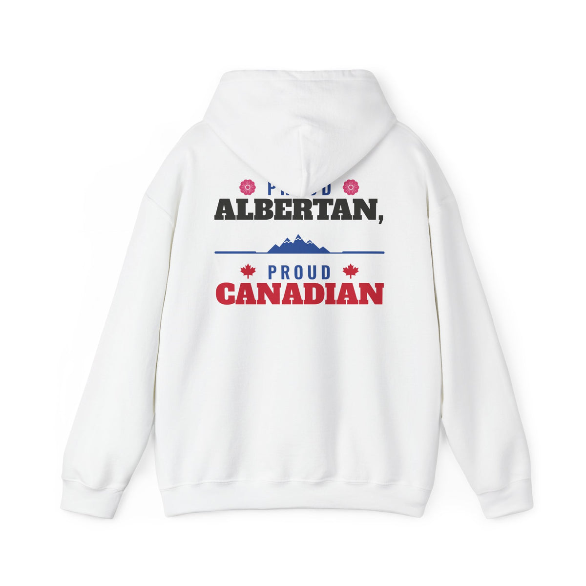 White hoodie with text "PROUD ALBERTAÑ, PROUD CANADIAN" and mountain graphic.