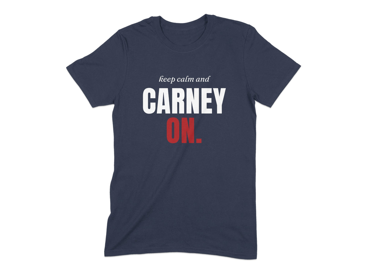 Navy t-shirt with "keep calm and CARNEY ON." text.