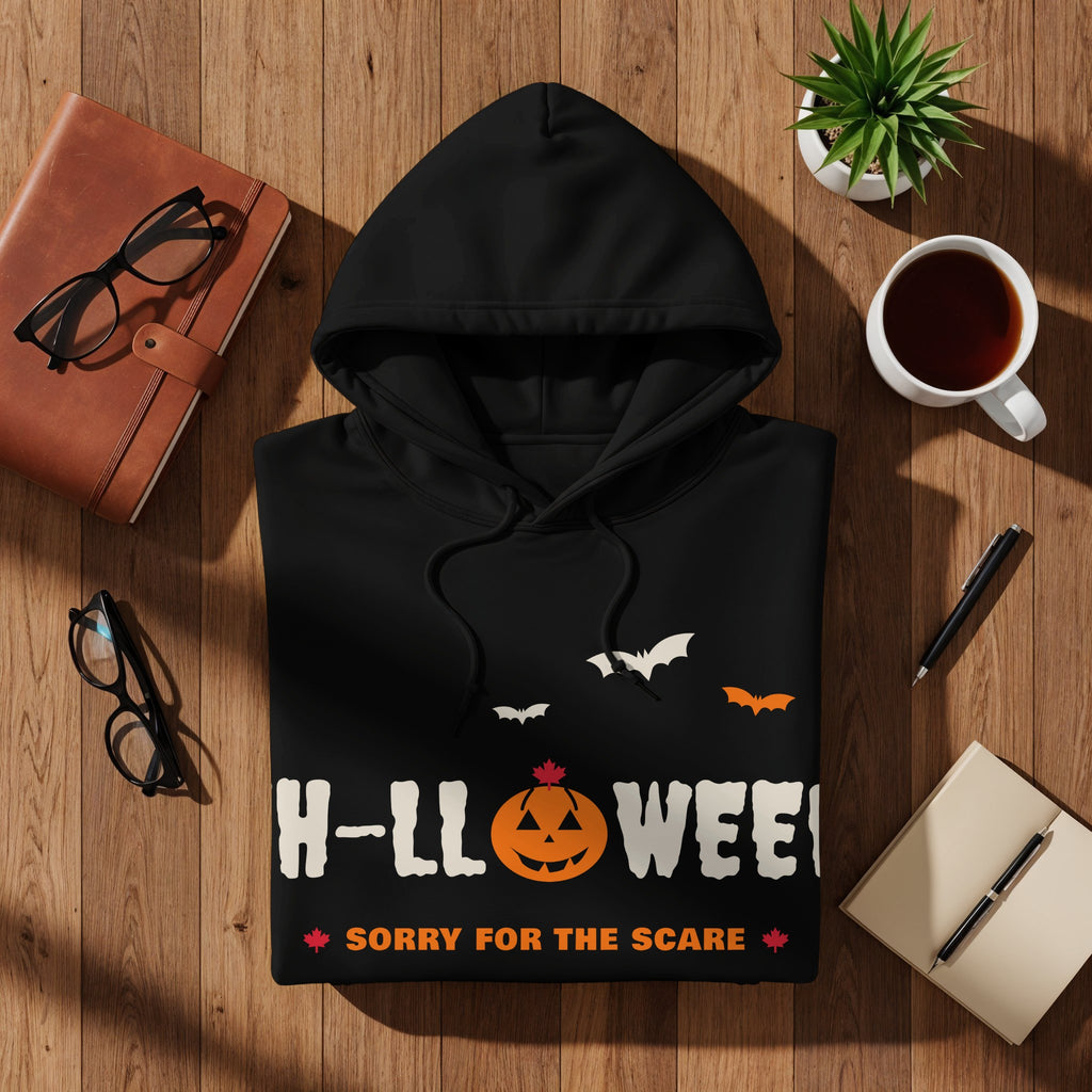 Black hoodie with Halloween pumpkin graphic and "Sorry for the scare" text.