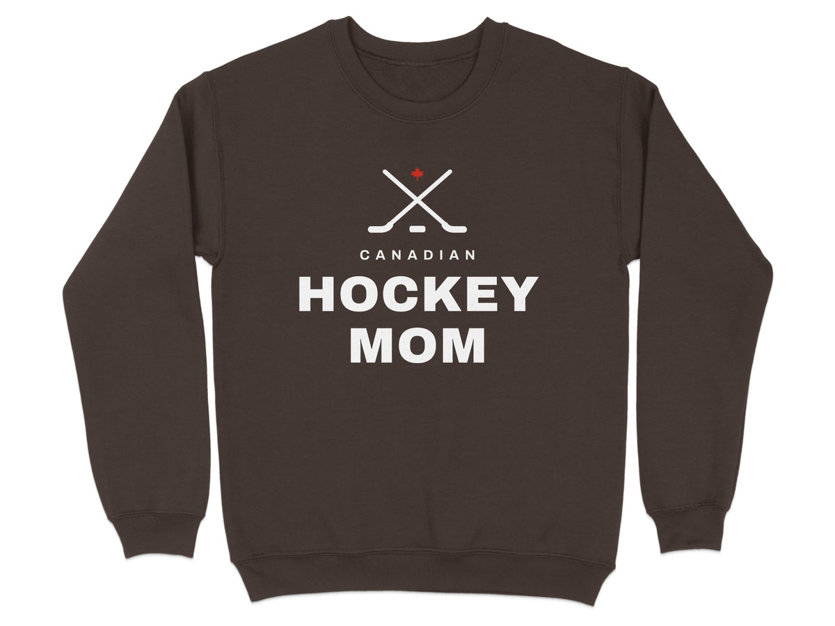 Brown sweatshirt with crossed hockey sticks, Canadian flag, and "Canadian Hockey Mom" text.