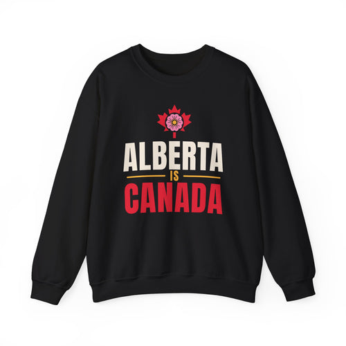 Black sweatshirt with Alberta Is Canada text and pink rose design.