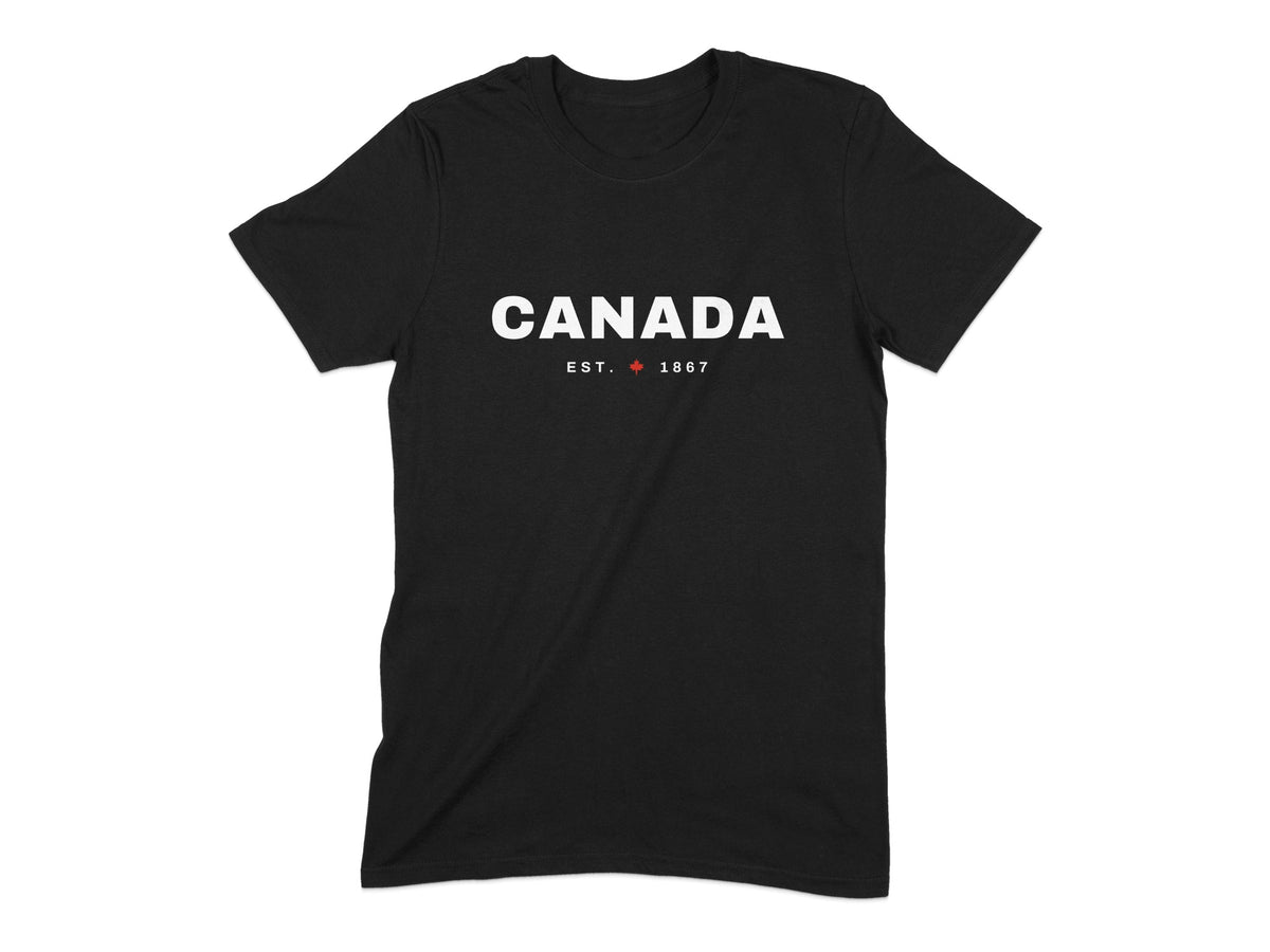 Black t-shirt with "CANADA EST. 1867" and a red maple leaf graphic.