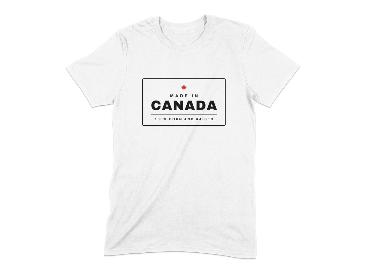 White t-shirt with "Made in Canada" and a maple leaf graphic.