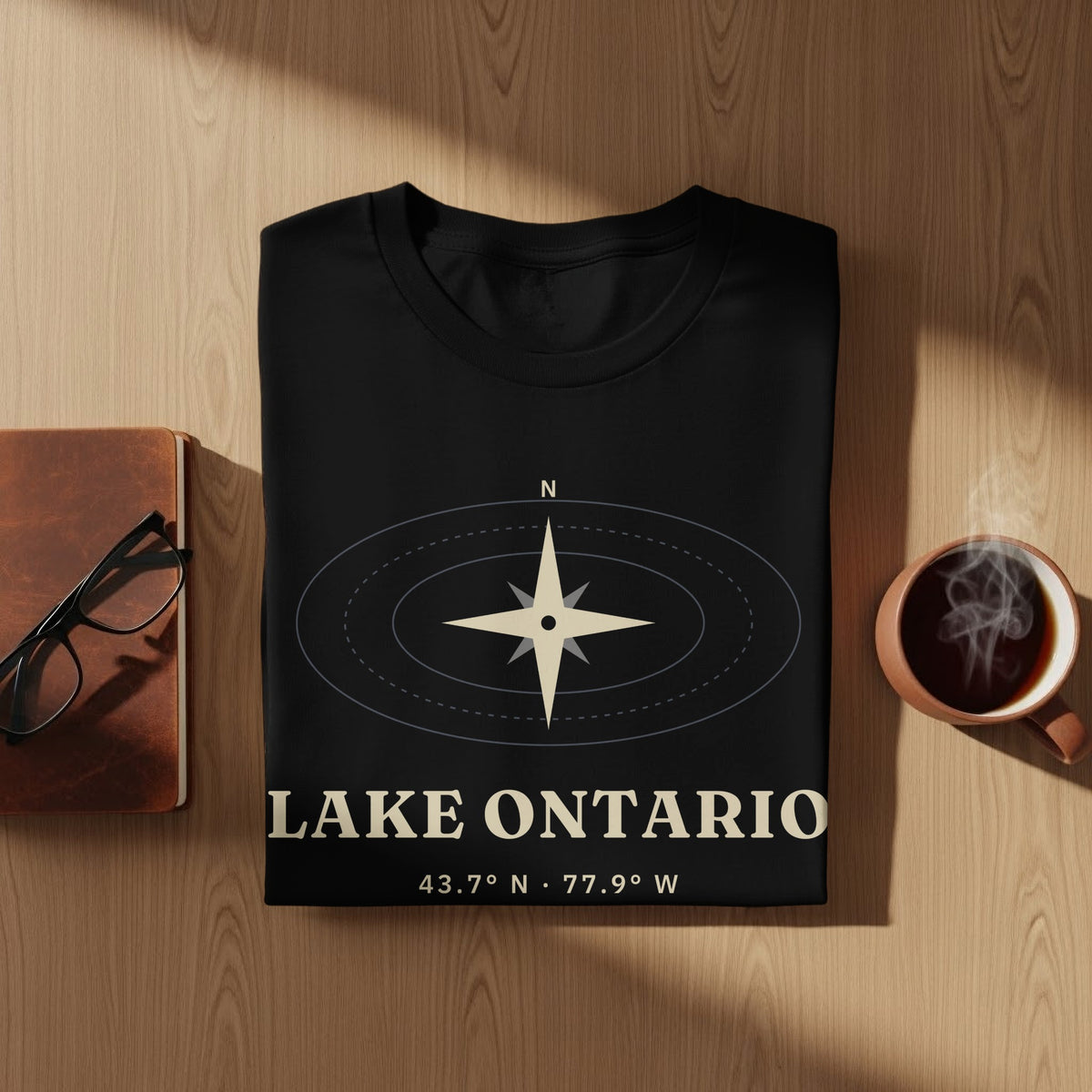 Black t-shirt with compass graphic and "Lake Ontario 43.7° N 77.9° W" text.
